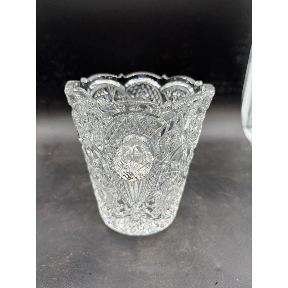 Vintage Cut Crystal Ice Bucket Pinwheel Starburst Scalloped Rim Glass Handles‎